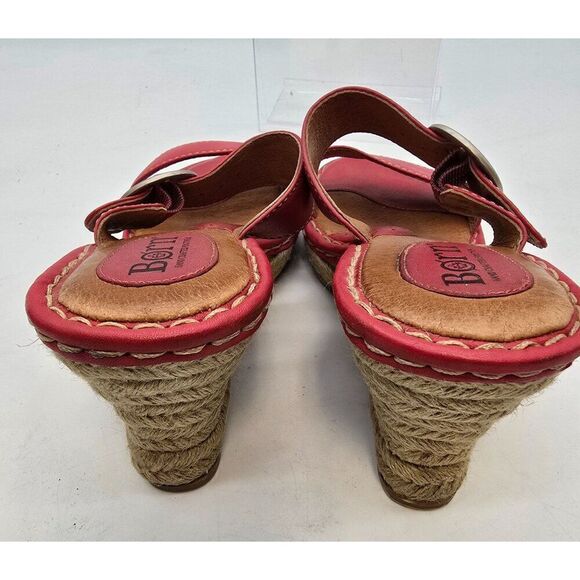Born Womens Red Leather Strappy Wedge Sandals With Braided Espadrille Heel & Adj - Picture 6 of 12